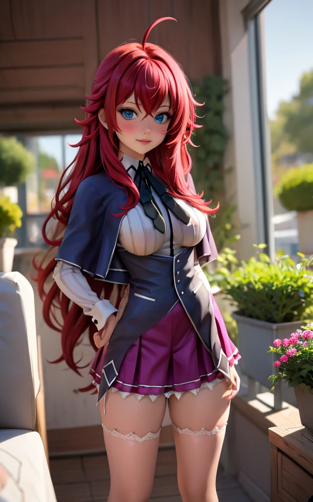 "((,Masterpiece,wideshot, best quality)),arms in T-pose,Standing,looking at viewer insaneres, absurdres, solo, standing in T-pose,Standing straight, ANIME_DxD_Rias_Gremory_ownwaifu, 1girl, bangs, long hair, red hair, breasts, large breasts,black shoes, Rias Gremory, blue eyes, hair between eyes, very long hair, collarbone, hair intakes, hair over breasts, black capelet, black corset, collared shirt, Kuoh Academy school uniform, layered skirt, underbust, school uniform, skirt, shirt, long sleeves, purple skirt, ribbon, miniskirt, neck ribbon, thighhighs, black ribbon, (T-pose) depth of field, vanishing point, garden, sidelighting"