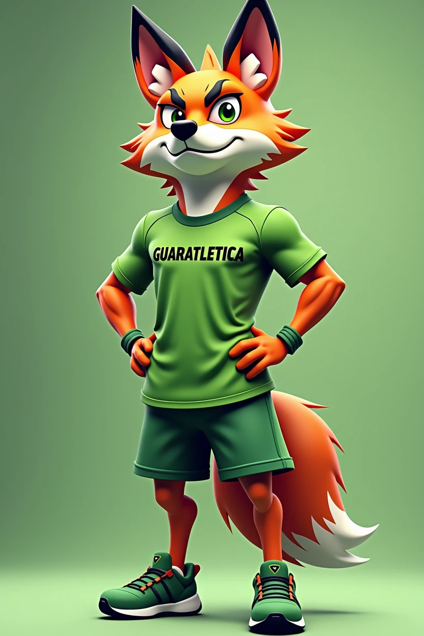 Description of the Mascot: 3D Maned Wolf General Appearance:

Animal: Guara wolf, with typical features such as long, slender legs, reddish-orange coat with black and white details.
expression: A serious and determined expression, with focused eyes and furrowed eyebrows to convey an image of strength and determination.
badass clothing:

green t-shirt: The maned wolf will wear a vibrant green sports t-shirt. No 가슴 da camiseta, in large, stylized letters, will be written "GUARATLETICA". The t-shirt can have a modern design with lines or details that reinforce the sports theme..
shorts verdes: To match the t-shirt, the maned wolf will wear green shorts, that complete the sports uniform.
Sports shoes: Sneakers that match the uniform, also in shades of green, to reinforce the athletic theme.
Physicist:

musculature: The maned wolf will be represented with well-defined muscles, especially in the arms, 가슴, e pernas, to symbolize strength and physical fitness. Muscles should be visible even through clothing, highlighting the mascot&#39;s athletic condition.
stance e Acessórios:

stance: An imposing posture, perhaps with arms crossed or in a running position ready for movement, that conveys readiness and confidence.
Optional Accessories: Consider adding a headband or sports bracelets, in tones that complement the uniform, to reinforce the sporty look.