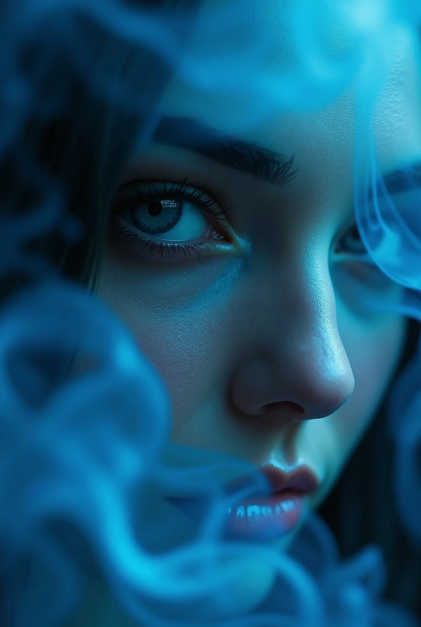 A majestic work of art, a commissioned woman, intricately detailed, with an intense, piercing gaze emanating from her singular, striking eye, set against a backdrop of ethereal, swirling blue smoke that appears to shift and undulate as if alive, illuminated by a cinematic lighting scheme that casts dramatic, high-contrast shadows and highlights, evoking a sense of mystery and the otherworldly, with each element expertly rendered in exquisite, high-definition detail, exuding a sense of artistic mastery and visual sophistication.