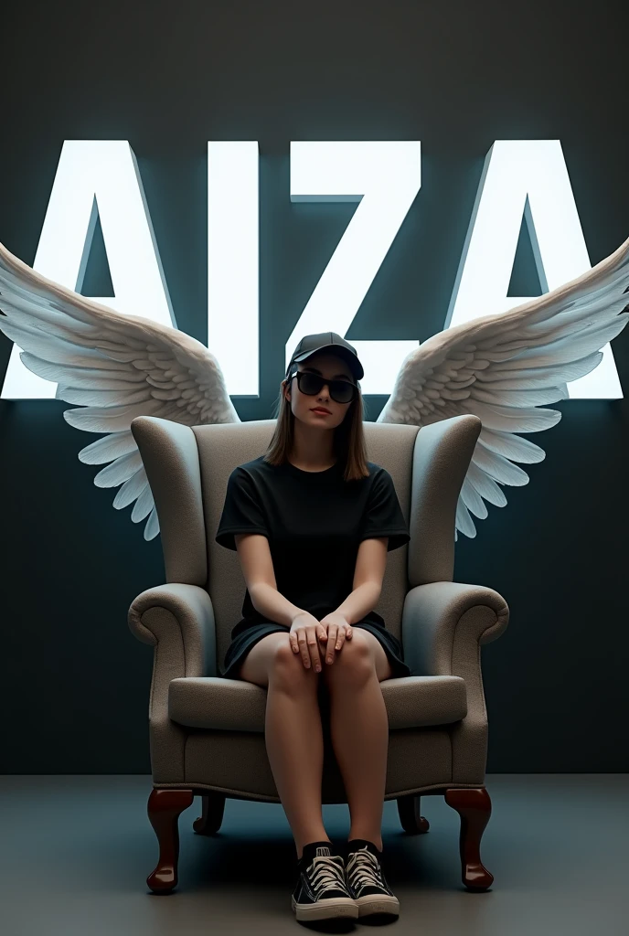 create a 3D illusion for a WhatsApp profile picture where a girl black shirt sits casually on a wingback Chair, wearing a sneakers a black cricket cap,and sunglasses,he ahead.The background features "Aiza name "in big and capital white fonts the black wall point they should not be his shadow,and there are wings to make it appear as if he is an angle