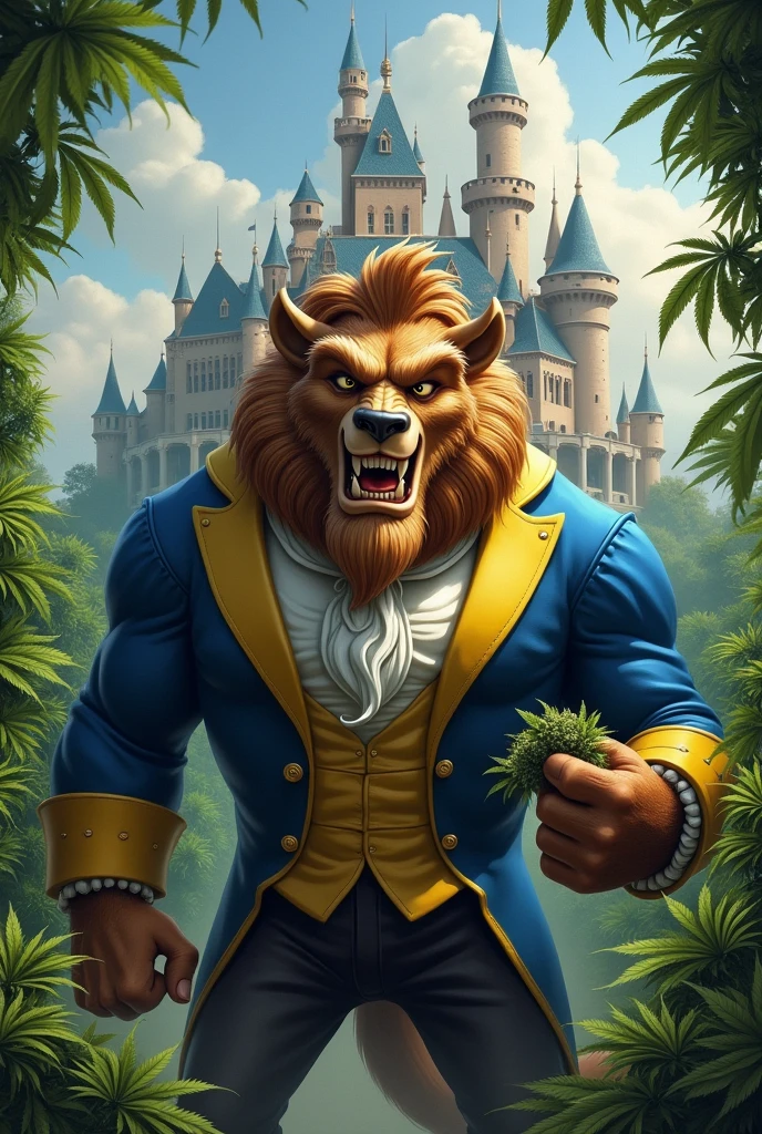 Disney beast from the front with big fangs smoking ?????????, castle in the background with ????????? plantation