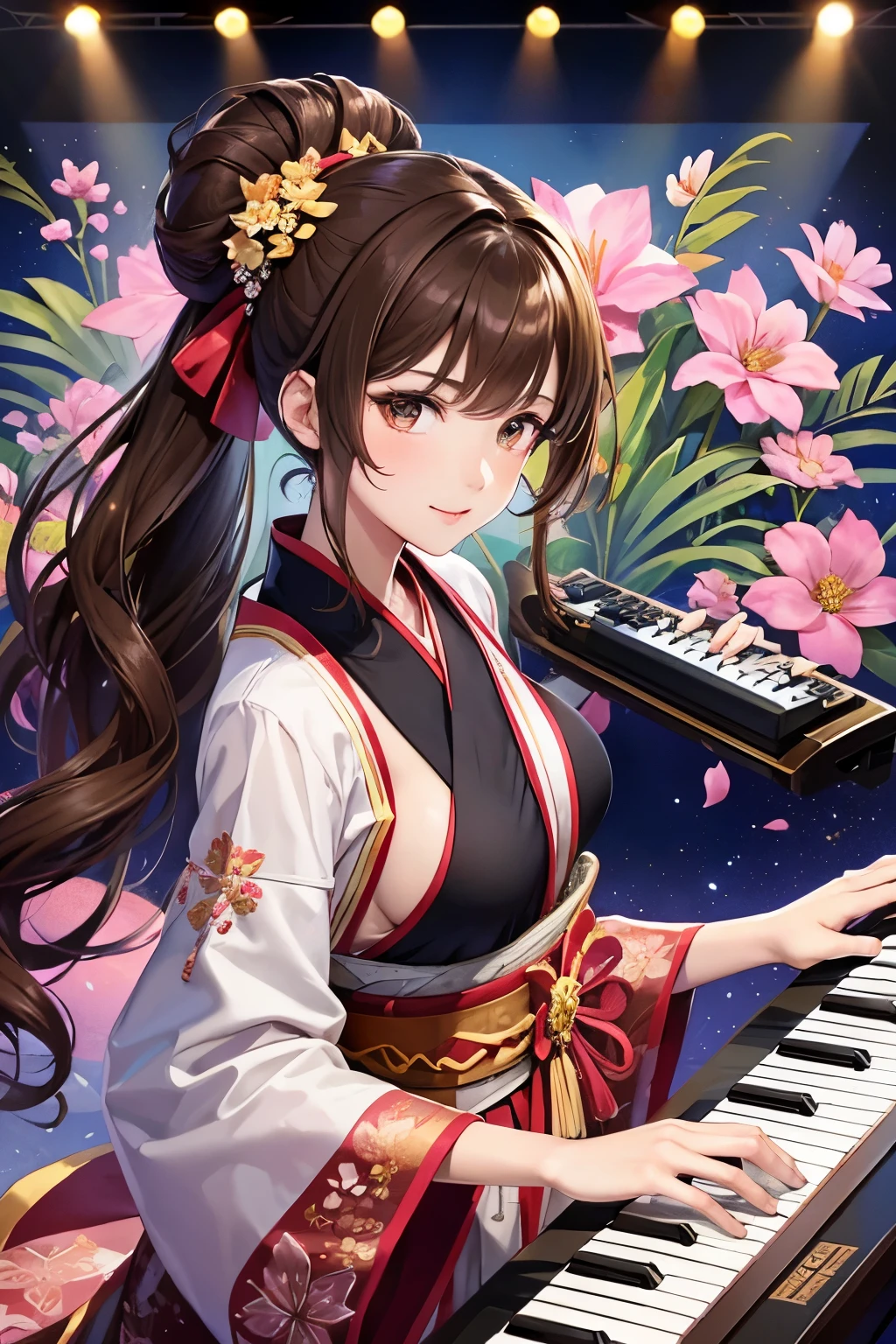 Top quality, ample limbs, perfect fingers, slender beauty, twin-tailed bun hairstyle, brown hair, Deresute, A costume of Floral haori and minihakama with a flashy pattern,Band instrumentskeyboard, beautiful large breasts, live stage, Playing Band InstrumentsKeyboard