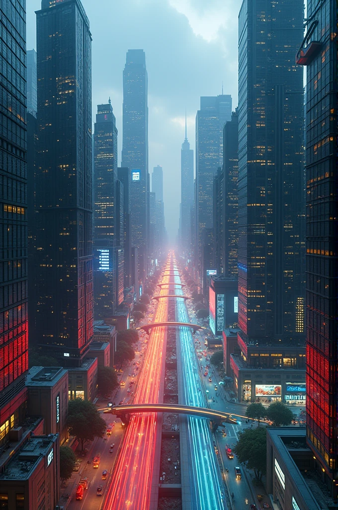 Emotion-Colored Metropolis:
"Futuristic cityscape viewed from above, with sleek skyscrapers of glass and metal. The entire city changes colors based on emotions: joy is bright yellow, sadness is deep blue, anger is red, and peace is green. Streets and walkways glow with emotional colors, flowing like waves through the city. Holographic displays float in the sky, visualizing the city's emotional state. A small legend in the bottom right corner explains the emotion-color correspondence. The scene is bathed in the soft light of dusk, with bioluminescent-like effects throughout. Cinematic wide-angle shot with deep depth of field."