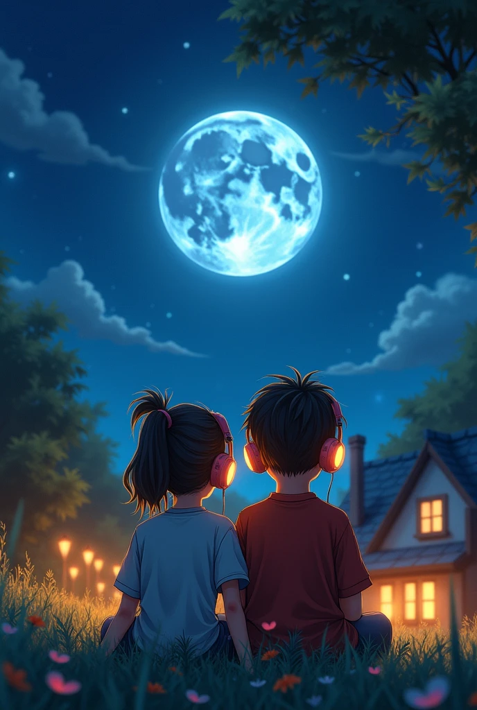 Boy and girl listen music in headphones and set on house and moon look so beautiful 
