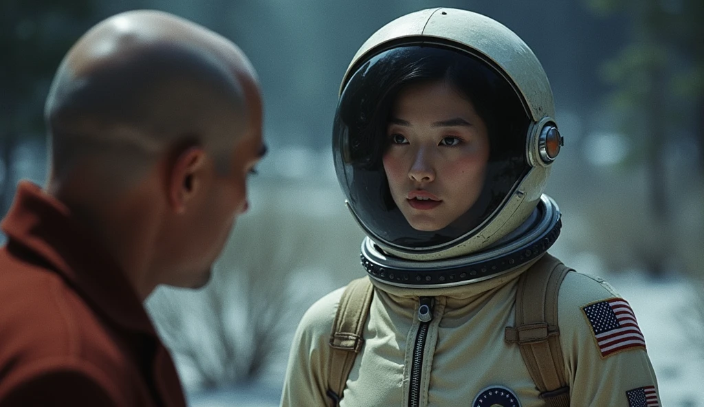 The Roswell Affair、A man from the future emerges from a crashed UFO、Japanese、One Woman、beautiful、Wearing a space suit、