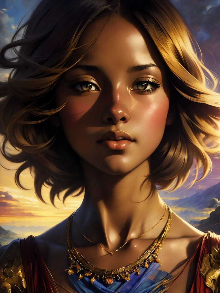 ((Solo Beautiful Carribean woman with dark skin and striking eyes)), shadowed interior background, art by akihiko yoshida, manga art style, colorfield illustration, scary atmosphere, global illumination, by frank frazetta, art by goro fujita, glamor shot, banner, blur, anime key visual, (blue, yellow and gray colors), photorealistic dramatic anime girl, intricately detailed, chiaroscuro, pino daeni, impressionist (best quality, masterpiece)