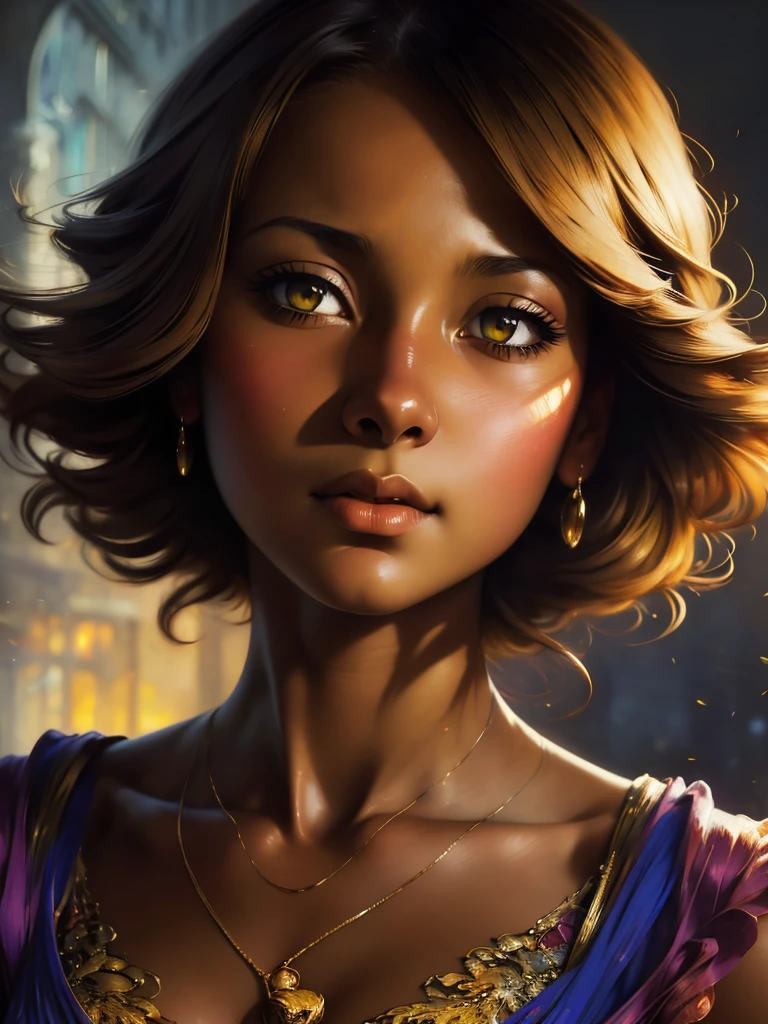 ((Solo Beautiful Carribean woman with dark skin and striking eyes)), shadowed interior background, art by akihiko yoshida, manga art style, colorfield illustration, scary atmosphere, global illumination, by frank frazetta, art by goro fujita, glamor shot, banner, blur, anime key visual, (blue, yellow and gray colors), photorealistic dramatic anime girl, intricately detailed, chiaroscuro, pino daeni, impressionist (best quality, masterpiece)