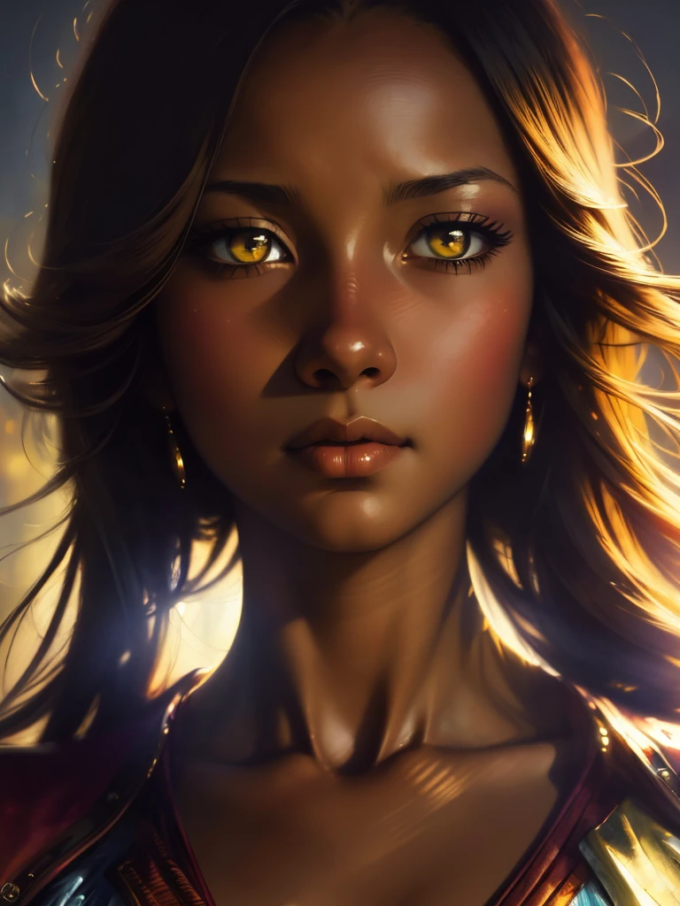 ((Solo Beautiful Carribean woman with dark skin and striking eyes)), shadowed interior background, art by akihiko yoshida, manga art style, colorfield illustration, scary atmosphere, global illumination, by frank frazetta, art by goro fujita, glamor shot, banner, blur, anime key visual, (blue, yellow and gray colors), photorealistic dramatic anime girl, intricately detailed, chiaroscuro, pino daeni, impressionist (best quality, masterpiece)