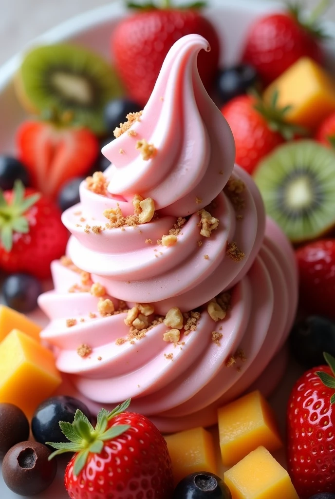 Soft ice cream in the shape of a strawberry spiral with walnut toppings and chocolate granules that look appetizing and fruits around it, strawberries, kiwis, mango, image 100% craveable natural with a little liquid chocolate on top