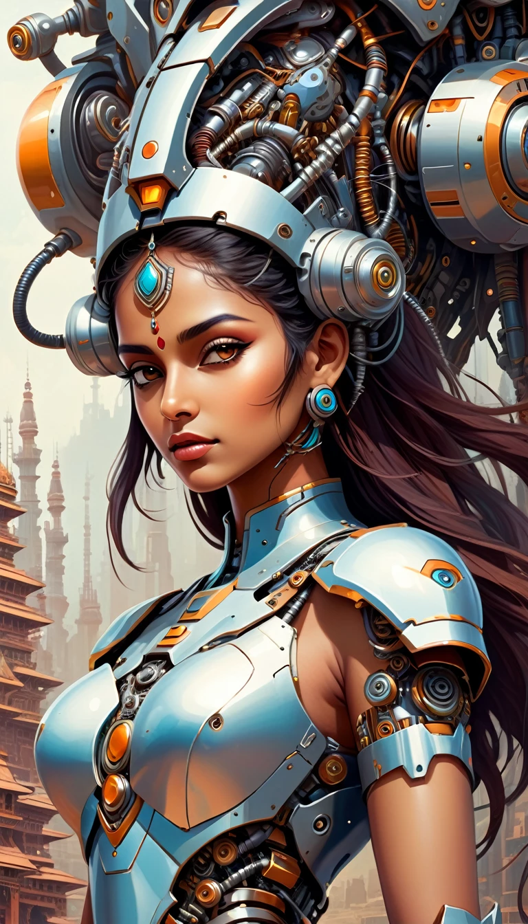 Intricate illustration in surrealist art style,mecha girl,Indian woman, Indian style cyborg, full background
