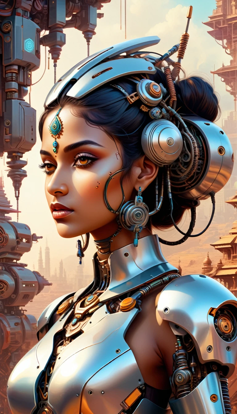 Intricate illustration in surrealist art style,mecha girl,Indian woman, Indian style cyborg, full background