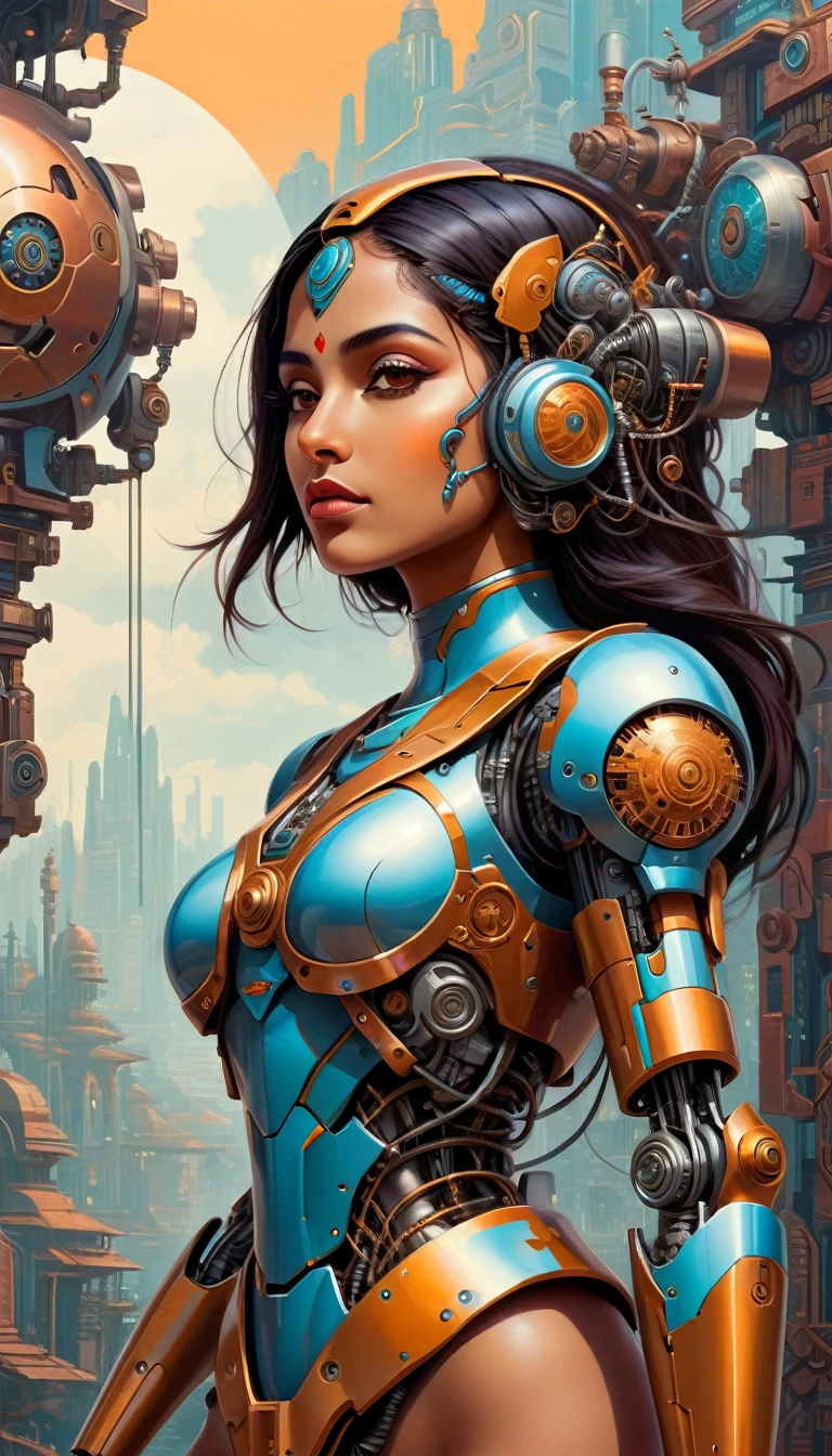 Intricate illustration in surrealist art style，mecha girl，Indian woman, Indian style cyborg, full background