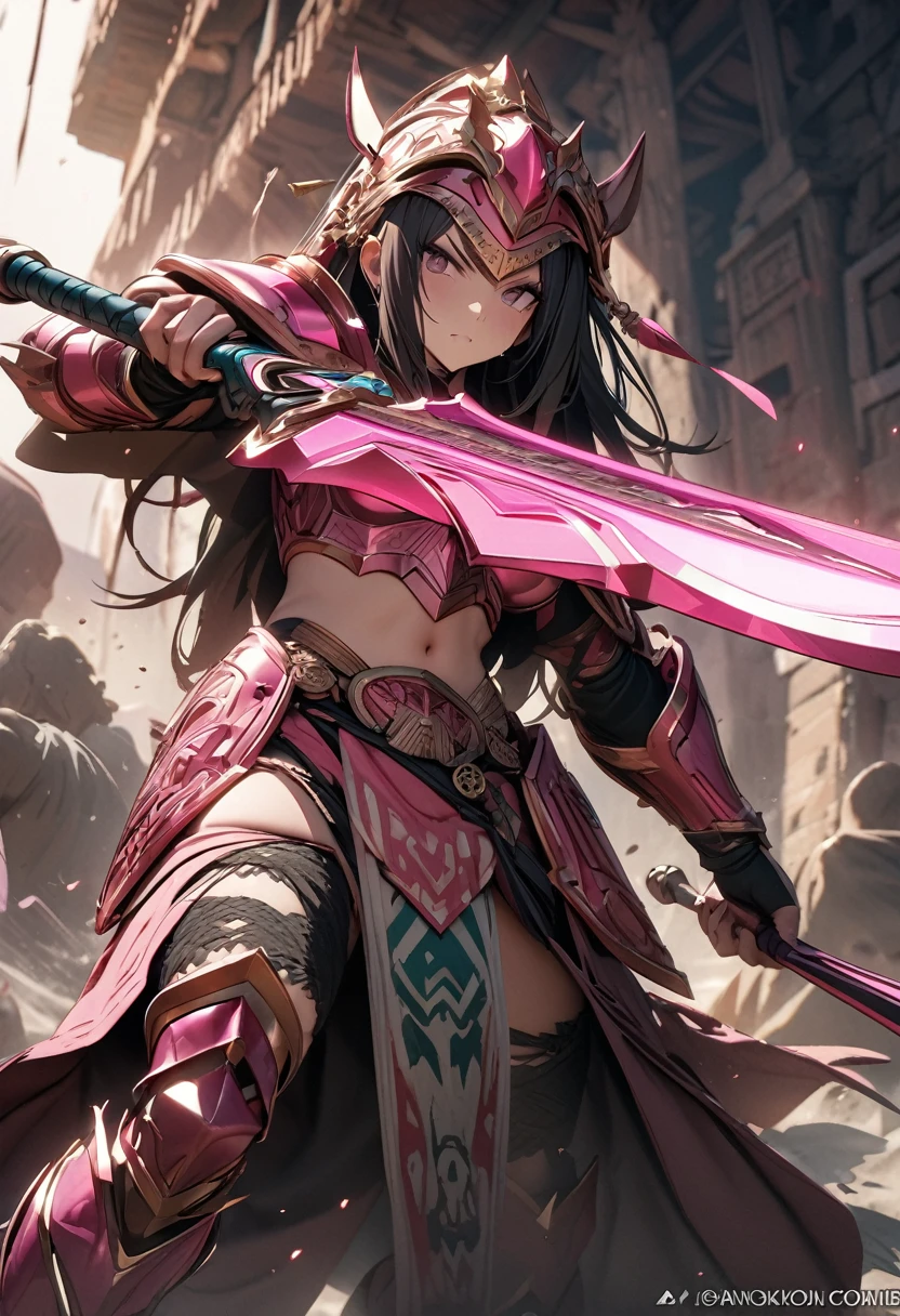 masterpiece, 8k, best quality, highly detailed, a warrior wearing pink metal armor wielding a black & pink weapon based off of a mayan macuahuitl