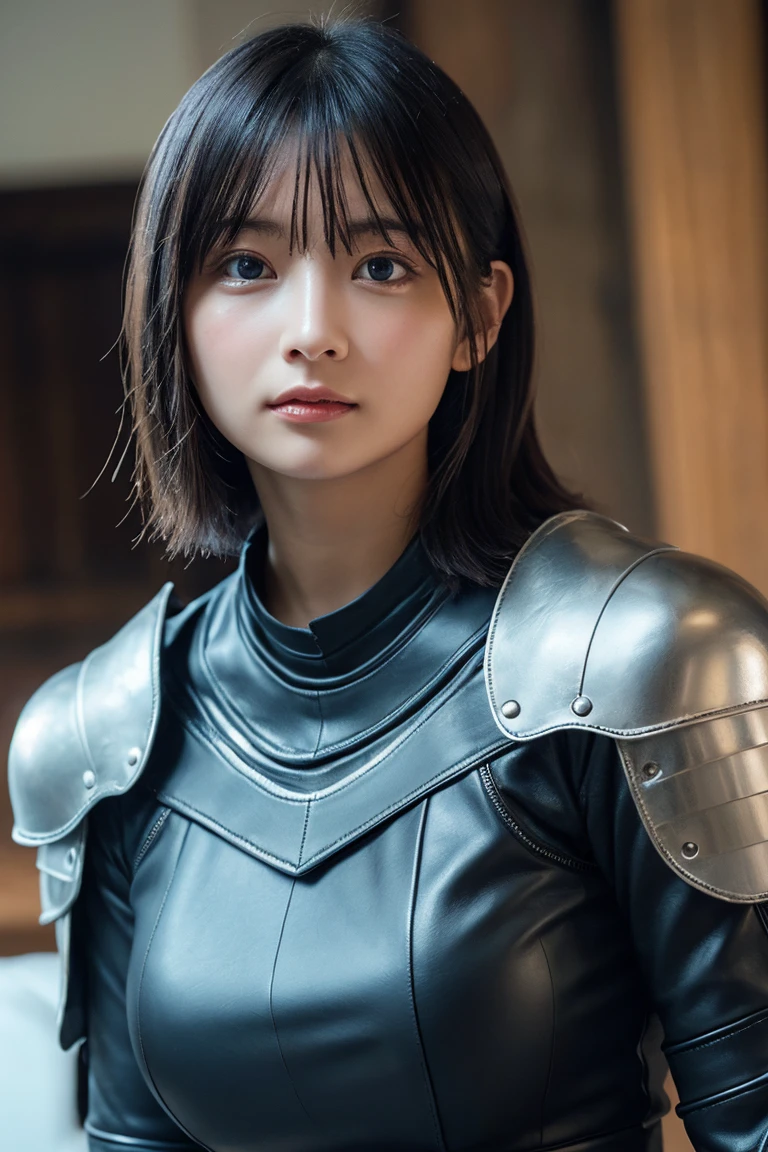 Realistic、Highest quality、Highest quality、masterpiece、Ultra-high resolution、RAW Photos、Realistic、Bright lighting、Face Light、Smooth Professional Lighting、Looking into the camera、alone、Adult female、Beautiful woman、Super Beauty、Realistic肌、Moisturized Skin、Realistic eyes and faces、Perfect model body shape、Beautiful Eyes、Big eyes、Inconspicuous tear bags、slim、Big Breasts、Very good、No makeup、Very short hair、Black Hair、black eye、seems to be happy、The ears are hidden by the hair、Leather Armor、Light Armor、Light Armor、Medieval Europe