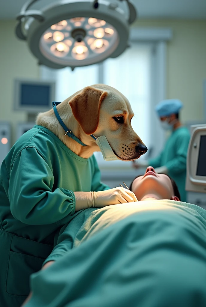 Labrador dog operating on a human patient
