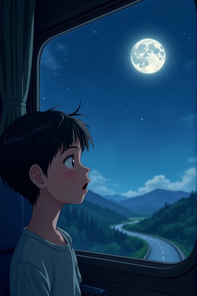 A boy travelling in a sleeper bus in night viewing stars and moon in the sky 