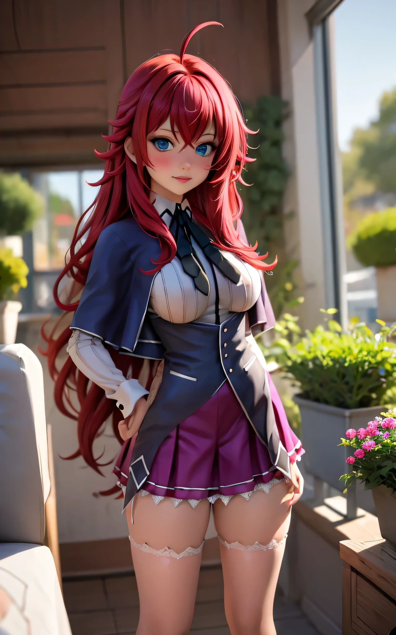 "((,Masterpiece,wideshot, best quality)),arms in T-pose,Standing,looking at viewer insaneres, absurdres, solo, standing in T-pose,Standing straight, ANIME_DxD_Rias_Gremory_ownwaifu, 1girl, bangs, long hair, red hair, breasts, large breasts,black shoes, Rias Gremory, blue eyes, hair between eyes, very long hair, collarbone, hair intakes, hair over breasts, black capelet, black corset, collared shirt, Kuoh Academy school uniform, layered skirt, underbust, school uniform, skirt, shirt, long sleeves, purple skirt, ribbon, miniskirt, neck ribbon, thighhighs, black ribbon, (T-pose) depth of field, vanishing point, garden, sidelighting"