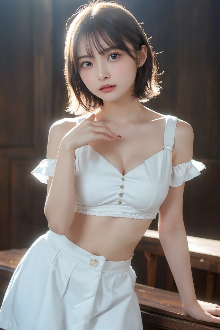 ((Highest quality:1.3、8k、masterpiece))、One Girl、detailed face 1:2、Cute Face、fine grain、Beautiful woman、Lesbians around the world、Angelicales、Angel、White Skirt、White Tops、feather、Gentle light、Light background、Great background、White gold hair、Are standing、((Random sexy poses))