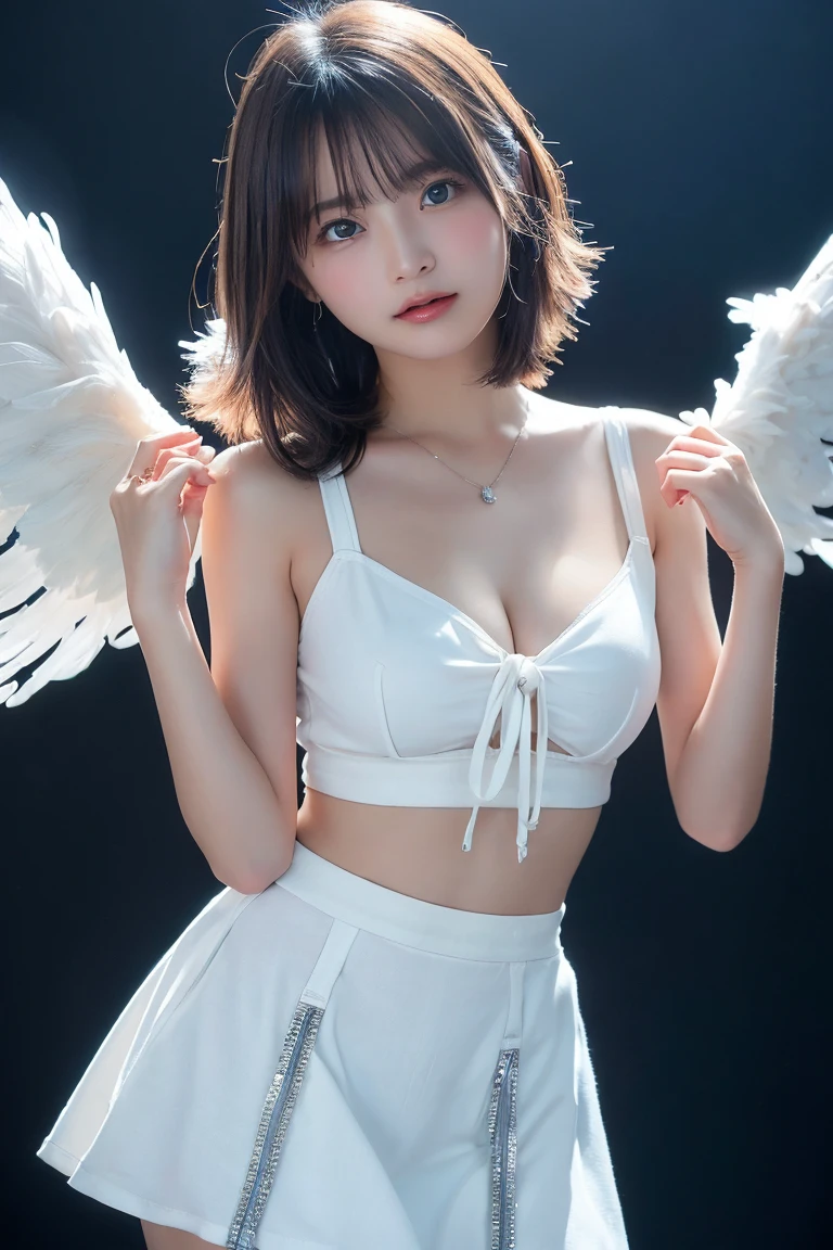 ((Highest quality:1.3、8k、masterpiece))、One Girl、detailed face 1:2、Cute Face、fine grain、Beautiful woman、Lesbians around the world、Angelicales、Angel、White Skirt、White Tops、feather、Gentle light、Light background、Great background、White gold hair、Are standing、((Random sexy poses))