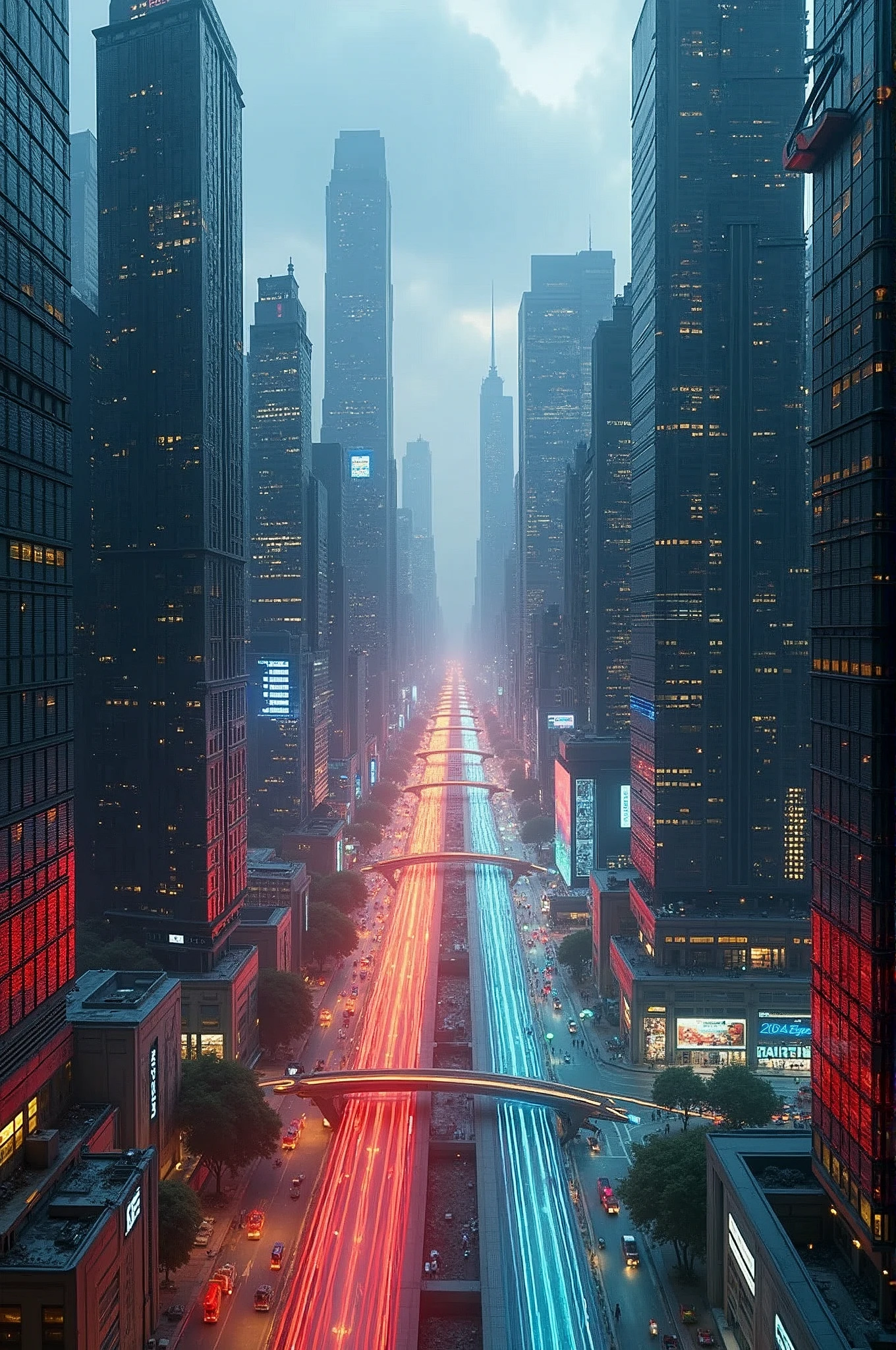 Emotion-Colored Metropolis:
"Futuristic cityscape viewed from above, with sleek skyscrapers of glass and metal. The entire city changes colors based on emotions: joy is bright yellow, sadness is deep blue, anger is red, and peace is green. Streets and walkways glow with emotional colors, flowing like waves through the city. Holographic displays float in the sky, visualizing the city's emotional state. A small legend in the bottom right corner explains the emotion-color correspondence. The scene is bathed in the soft light of dusk, with bioluminescent-like effects throughout. Cinematic wide-angle shot with deep depth of field."