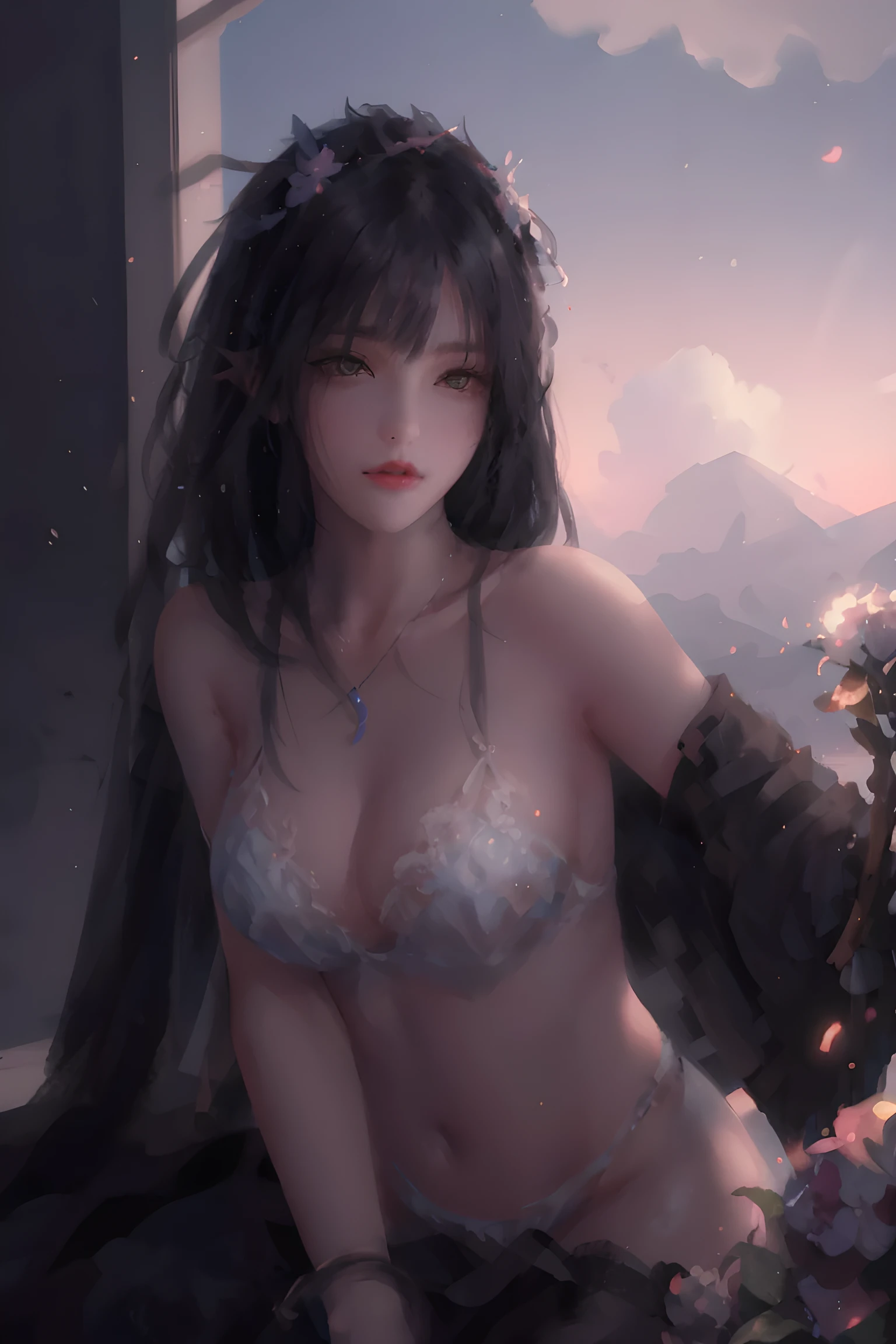 Raw, cinematic shot, (sharp focus:1.5), (photorealistic:1.4), twilight lighting, volumetric lighting, ultra high res, 16K,dramatic lighting, nsfw, 1girl, solo, long hair, black eyes, dress, hidden bra, white dress, white hair, looking at viewer, light particles, closed mouth, indoors, jewelry, sleeveless, bare shoulders, bangs, head tilt, black rose, beautiful detailed eyes, detailed background, amanhecer, cloud, flower, sky, scenery, day, grass, outdoors, blue_sky, field, cloudy_sky, horizon, hydrangea, water, ocean, mountain, blue_flower, flower_field, bird, The black bow on the head, qingsha, plyaing violin, harp, sole, face focus, shy