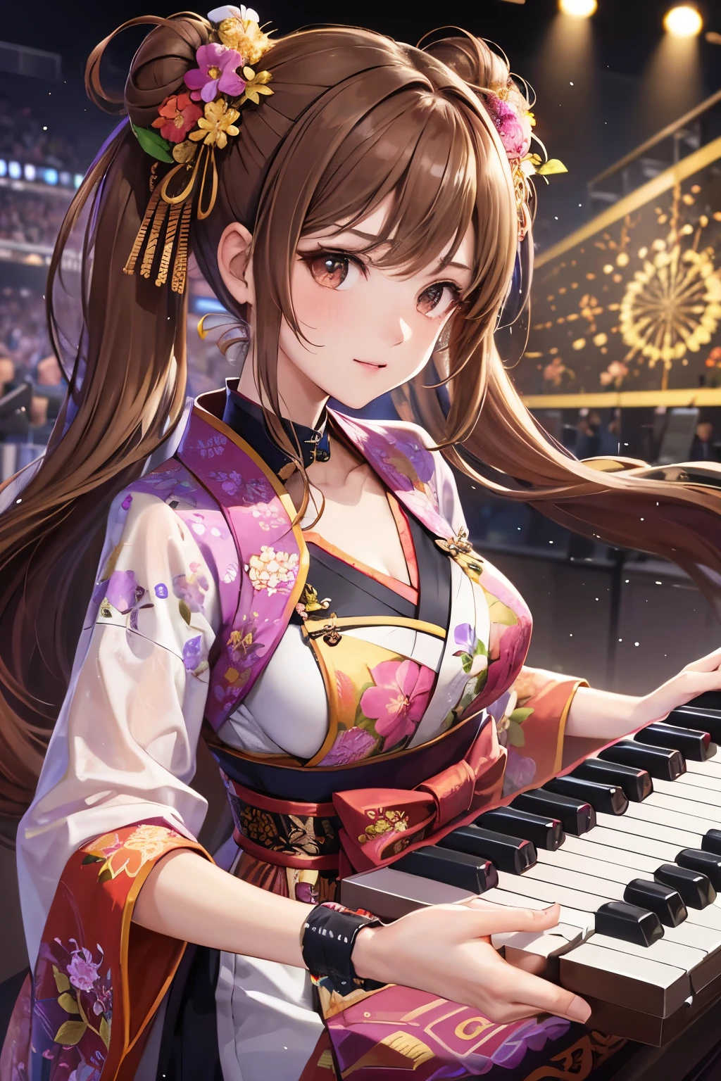 Top quality, ample limbs, perfect fingers, slender beauty, twin-tailed bun hairstyle, brown hair, Deresute, A costume of Floral haori and minihakama with a flashy pattern,Band instrumentskeyboard, beautiful large breasts, live stage, Playing Band InstrumentsKeyboard
