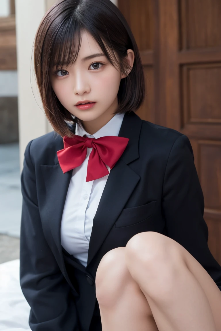 Top quality, Photorealistic, 8k, High resolution, 1 girl, female, (medium breasts: 1.8), schoolgirl, blazer, uniform, pubic hair visible, no panties, skirt boldly pulled up, ((sitting on chair and legs wide open)), knees bent and legs open, slightly short hairstyle, hands grabbing knees and legs open, shirt with buttons fluttering, bronze hair,