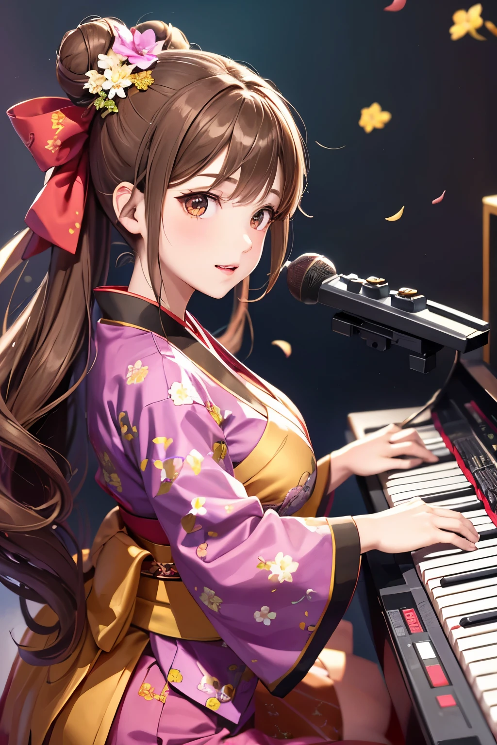 Top quality, ample limbs, perfect fingers, slender beauty, twin-tailed bun hairstyle, brown hair, Deresute, A costume of Floral haori and minihakama with a flashy pattern,Band instrumentskeyboard, beautiful large breasts, live stage, Playing Band InstrumentsKeyboard