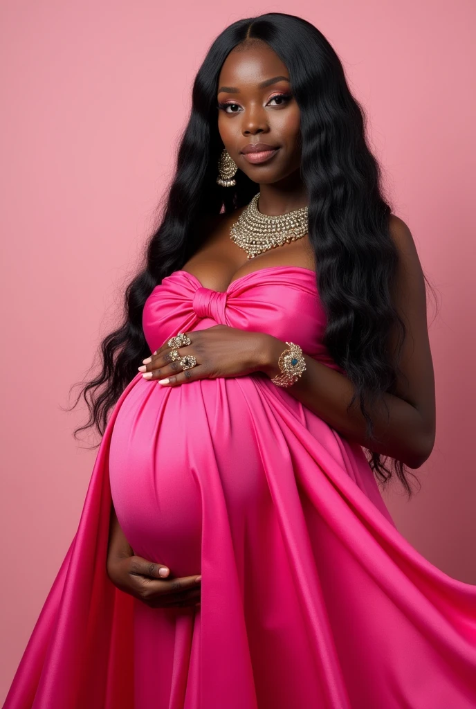 A pregnant African American woman wearing a pink flowing dress and prince accessories wearing a long bone straight wig