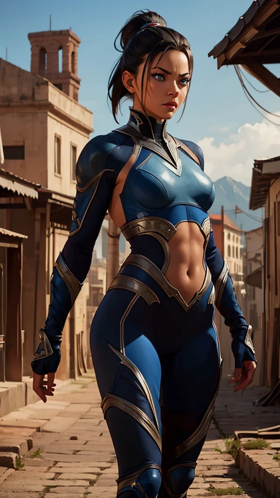 Kitana, (Mortal Kombat), ninja girl, powerful, blue classic sexy suit, ninja suit, ninja mask, botas adornadas, Young, skynny body, small and beautiful buttocks, toned abdomen, small and beautiful breasts, sensual, pose de artes marciales, patada alta, kick, flying kick, inframundo, ciudad en llamas, edificios destruidos en el fondo, Dramatic background, overflows a lot of energy in your body, tiene abanicos metálicos adornados en sus manos, mirando al espectador, sensual look, beautiful blue eyes, classic hairstyle,Hair dyed in bright black color, best quality,4k,8k,A high resolution,masterpiece,Ultra detailed,realistic, Photorealistic,photo realistic, ultra realistic 