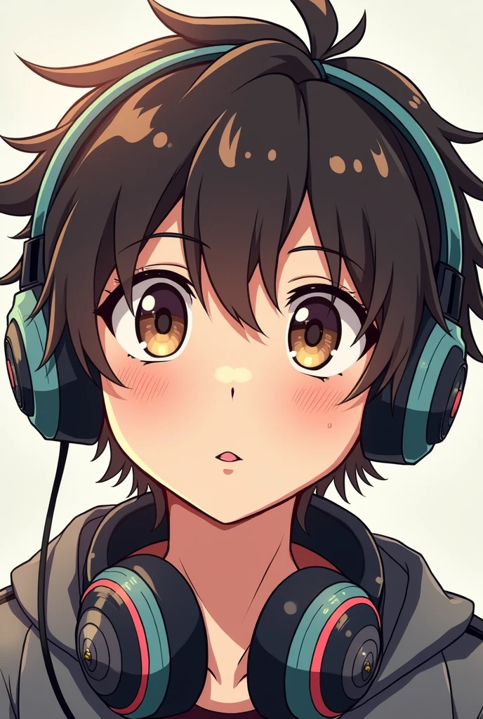 Create a 19 year old boy with gamer headphones, Brown eyes, hair not so short and with volume, May your eyes be half slanted, closed and large lips , all this anime style
