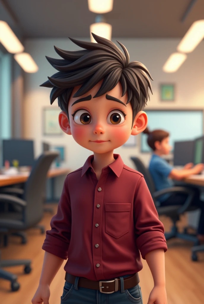 A boy maroon shirt in office