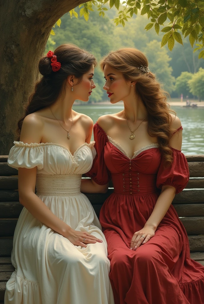 there are two women in love, sitting on a bench talking to each other, romantic era painting, magali villeneuve and monet, fantasy victorian art, by Cynthia Sheppard, lesbian art, art of edouard bisson, romantic painting, romance novel cover, magali villeneuve', elegant digital painting, romanticism painting, by Mark Arian, romanticism art style, inspired by Cynthia Sheppard