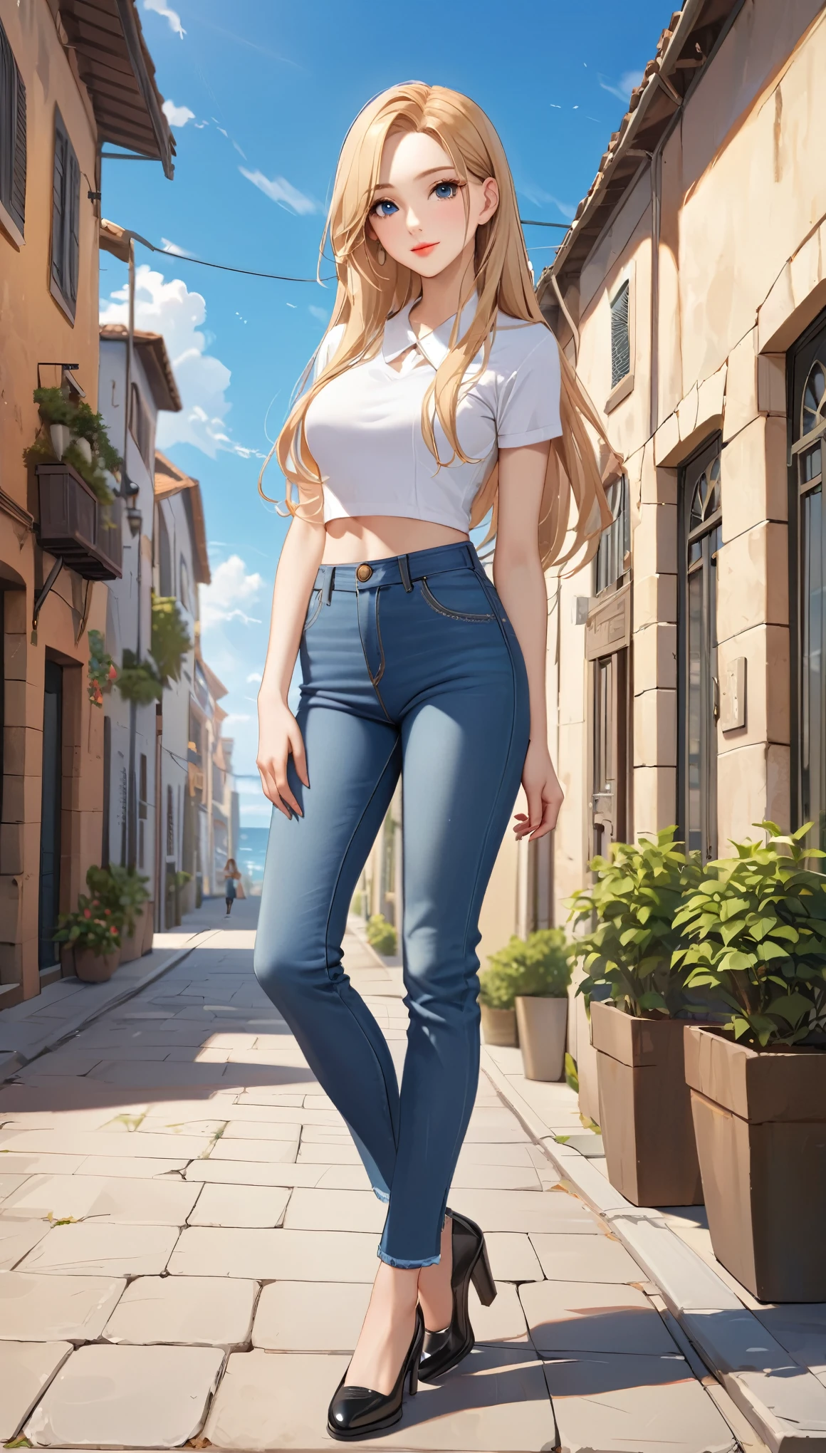 ((best quality, masterpiece:1.3, 8K)), (detailed), highly detailed face and skin texture, detailed eyes, full body, outdoor, (slender body:1.1), 1girl, (solo), (18+ years old), white skin, bright lips, seductive smile, long hair, forehead, blonde hair, straight hair, classic outfit, medium breast, (jeans pants),