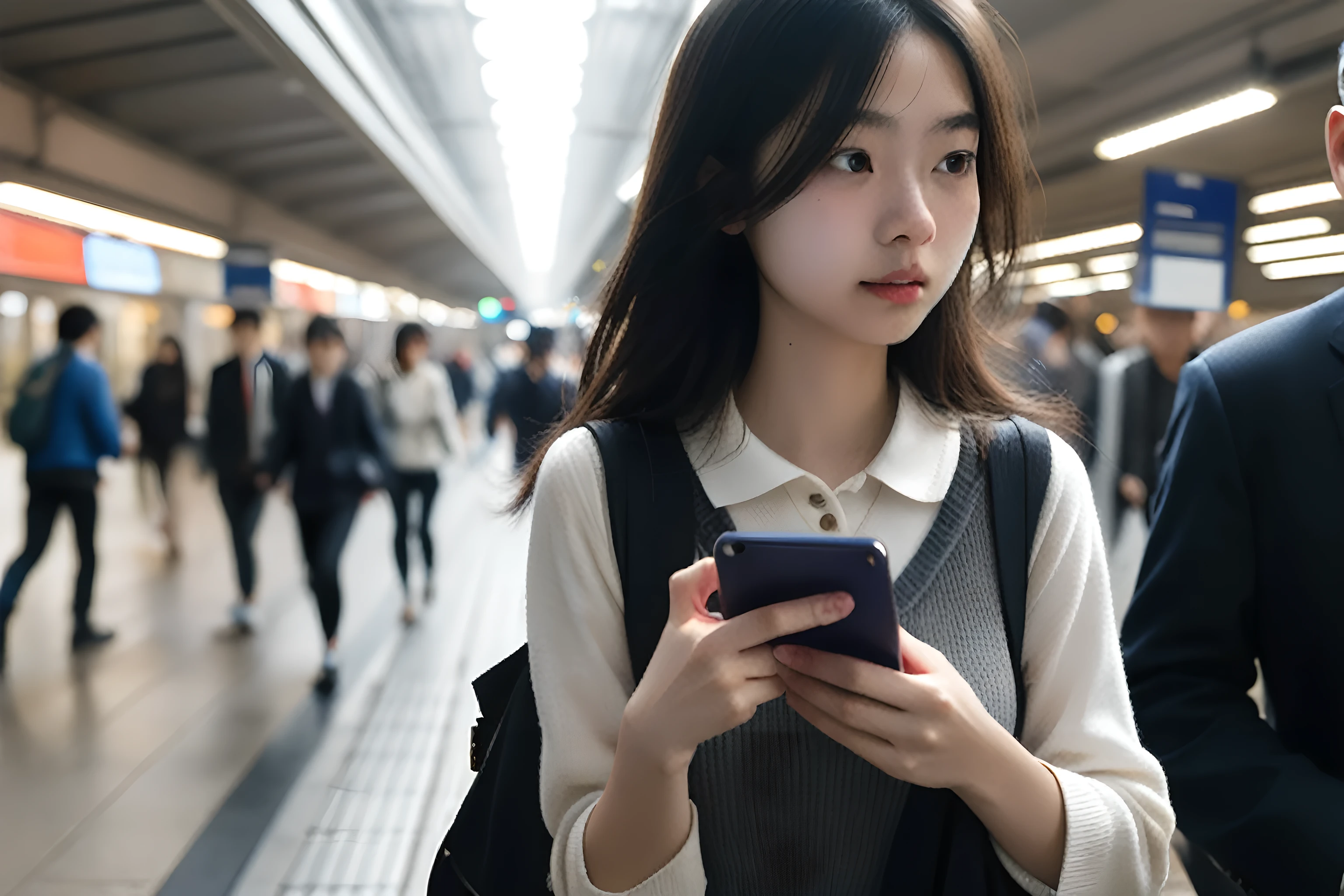 A woman is walking down the street and looking at her mobile phone, She has a smartphone, Portrait of a Japan teenager, Check your phone, a 若いAsian Woman, Check your phone, young asian girl, 若いAsian Woman, Pale young woman with text, Shutterstock, Korean Girls, Long haired asian girl, Korean women, Asian Woman