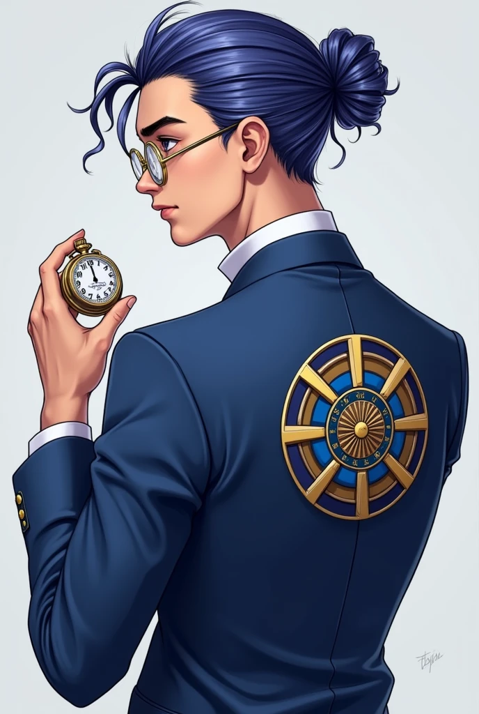 A young man with neat and elegantly tied blue-violet hair. Wearing a modern, neatly tailored blue-white suit. Wearing gold monocle glasses and holding a sapphire blue pocket watch.
On the back is the Deus ex Machina logo with the symbol of a time-traveling clock. The main color is #e8b923.