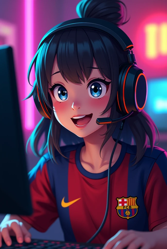A happy gamer girl with a gamer headset, a little fed up with the Barcelona shirt
