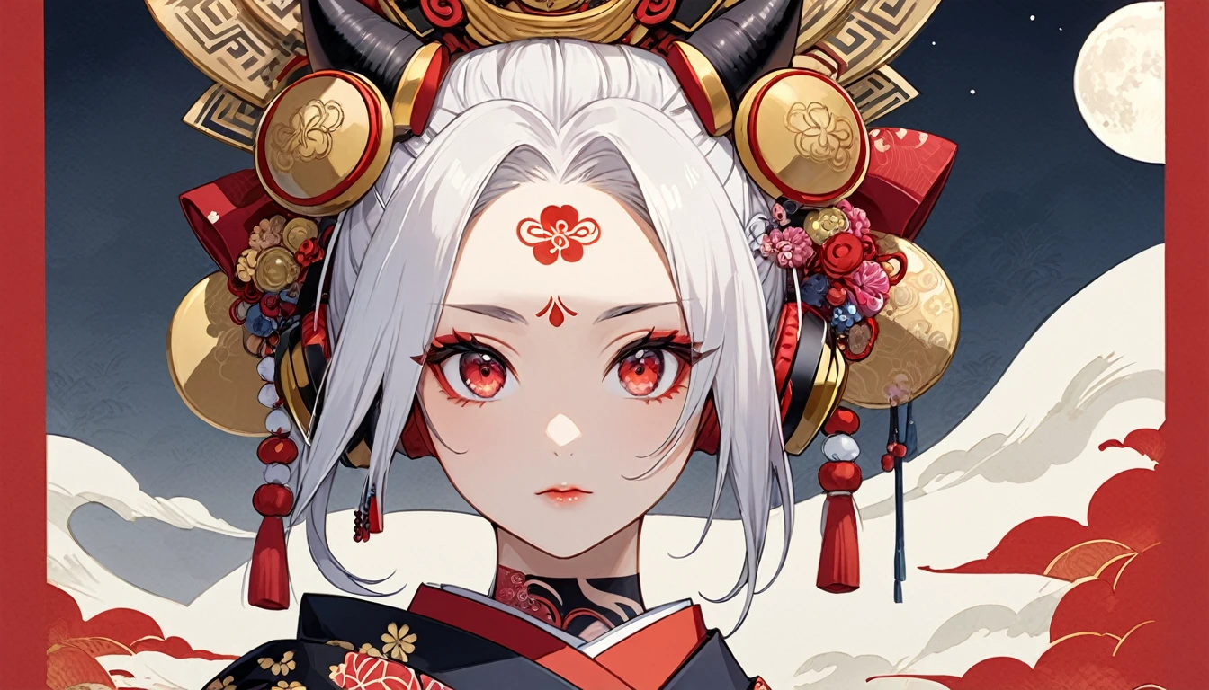 Ink painting, (((1 girl))), (((Tattoo in the middle of the forehead))),(((In the background is the Akatsuki moon))), (((Oiran))), (((Great hair accessories))), Japanese style headphones, Demon possession, (((Red eyes))),Face up close, Japanese beauty, White hair, Sensitive and precise, Modern Ukiyo-e style