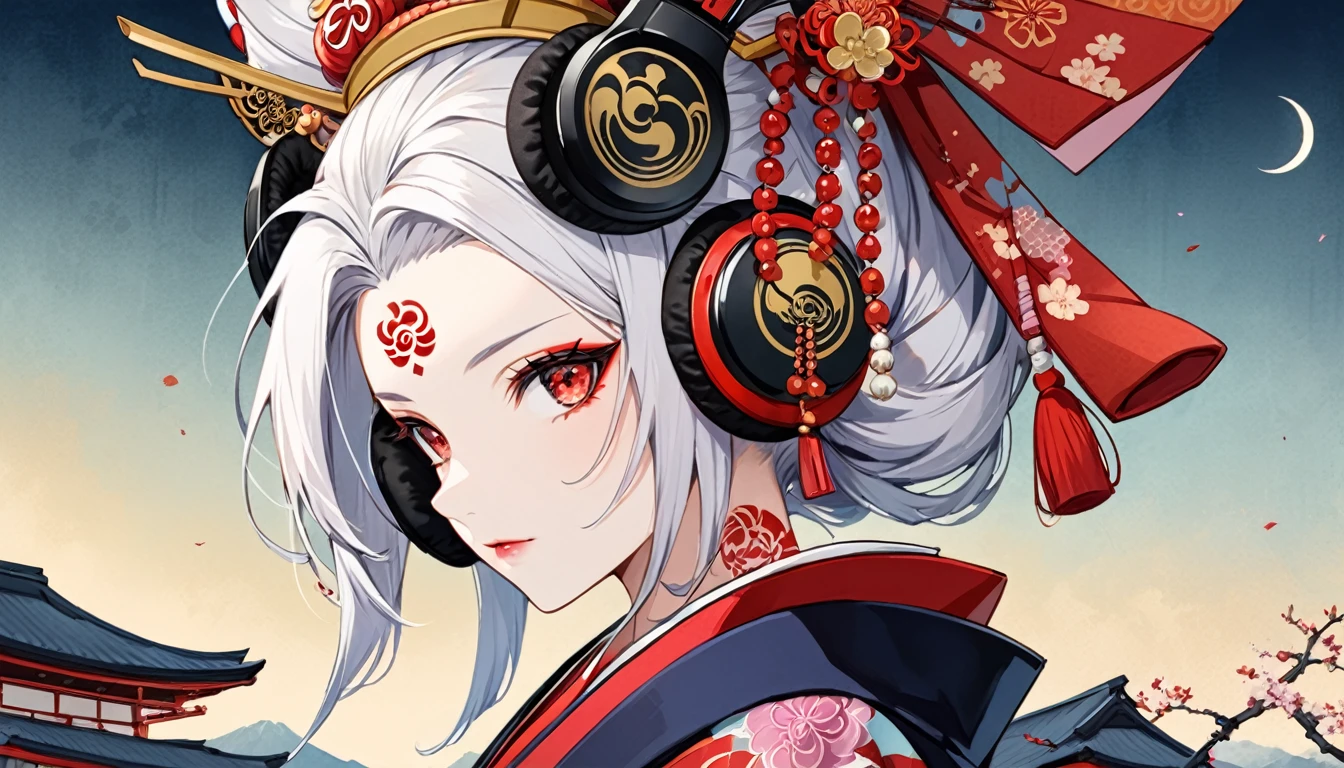 Ink painting, (((1 girl))), (((Tattoo in the middle of the forehead))),(((In the background is the Akatsuki moon))), (((Oiran))), (((Great hair accessories))), Japanese style headphones, Demon possession, (((Red eyes))),Face up close, Japanese beauty, White hair, Sensitive and precise, Modern Ukiyo-e style