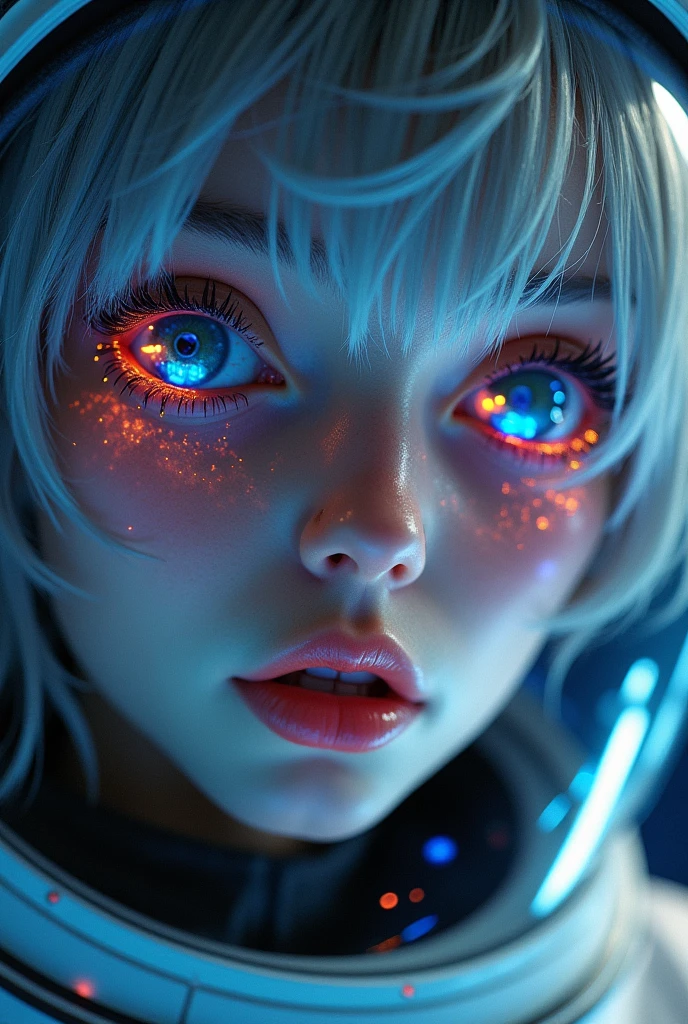 (Close-up of a better masterpiece:1.5)0.9], (Space and astronauts:1.2) (Messy silver hair:1.1) (Heterochromia xanthochromia and blue eyes:1.2) (Space Helmet:1.0) (Colored stars in the eyes:1.0) (A radiant glow:1.1) (thick lips:0.9)