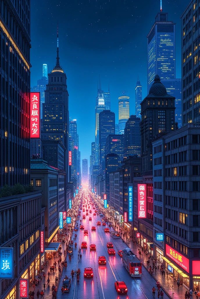A beautiful night of city and colourful light
buildings as drwaing