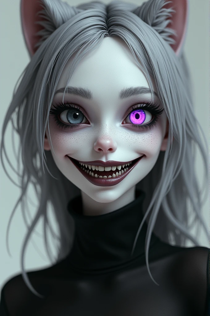 Create for me a character with monochrome, one eye purple and the other gray, his hair is gray with a small streak of black, he makes him smile with wolf fangs