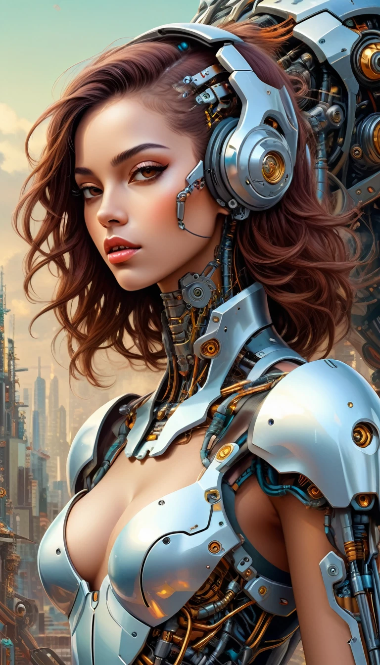 Intricate illustration in surrealist art style，mecha girl，Brazilian women, Brazilian style cyborg, full background