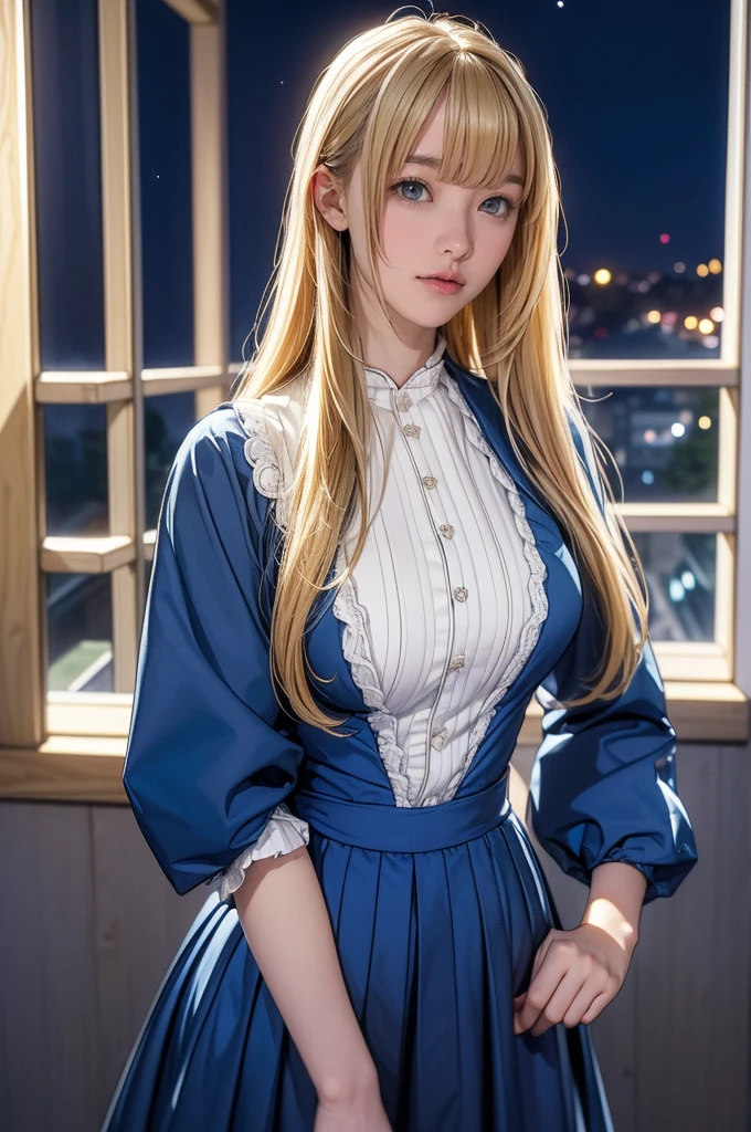 Virginia Otis, 13 years old (Blonde, blue eyes), (Large Breasts), thin, Cute Face, (カンタヴィル城でのnightの散歩:1.3), night:1.4, (novel「ghost of canterville」Inspired by). 1887, Victorian Dark Fantasy