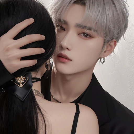 araffe with a black shirt and a black jacket is touching a woman's head, cai xukun, clasps his bangs in one hand, jinyoung shin, kim doyoung, yanjun chengt, male ulzzang, he has dark grey hairs, black haired yoongi, choker, jia, ulzzang, sakimichan, jinyoung shin aesthetic