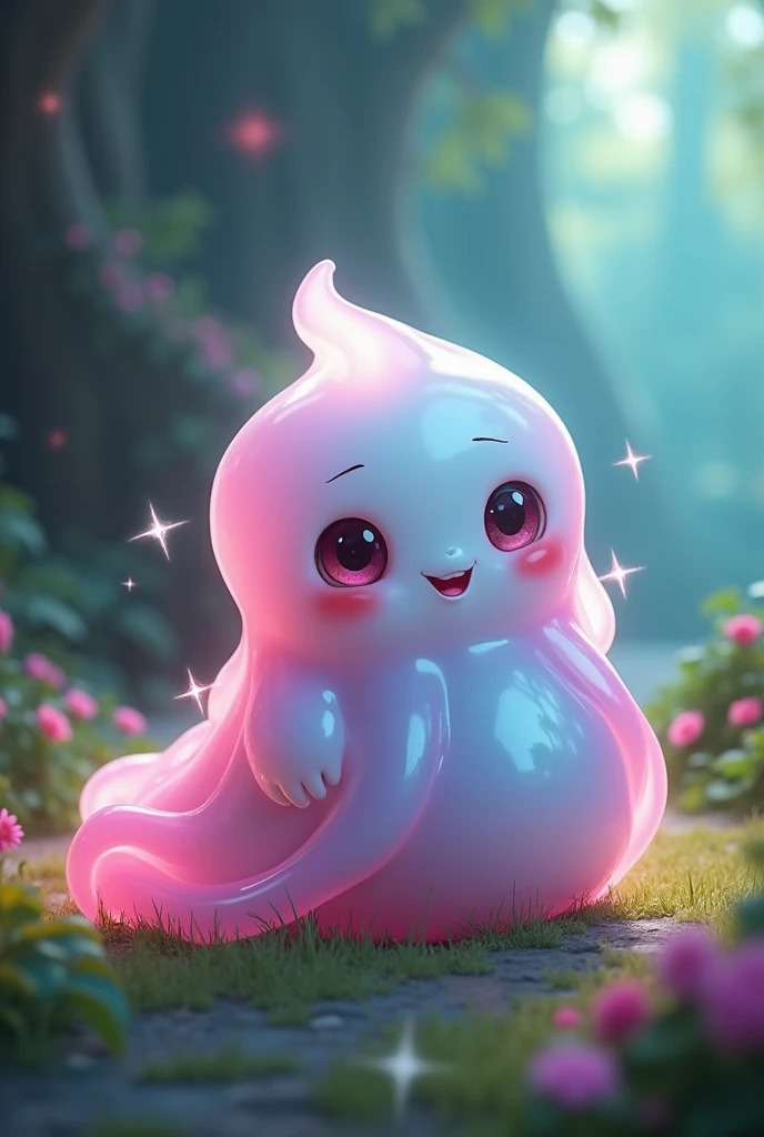 [Core Concept] A whimsical and endearing slime creature.

[Character Description] A plump, gelatinous blob with a playful, expressive demeanor. Its translucent body glistens with a soft, iridescent sheen, and it has large, doe-like eyes that convey a sense of innocent curiosity.

[Environment/Background] The slime is set against a fantastical landscape, perhaps a lush, verdant forest or a mystical, otherworldly realm, where its presence adds a delightful touch of enchantment.

[Style and Atmosphere] The overall style is vibrant, imaginative, and infused with a sense of childlike wonder, evoking a warm, lighthearted mood.

[Composition] The slime is the focal point, occupying a prominent position in the frame, with the surrounding environment complementing its playful nature.

[Details and Embellishments] Subtle details, such as tiny sparkling particles or gentle undulations within the slime's form, add to its captivating and lifelike quality.

[Technical Specifications] The image should be rendered with a high level of detail and technical precision, utilizing techniques that enhance the slime's gelatinous texture and the overall sense of whimsy and enchantment.
