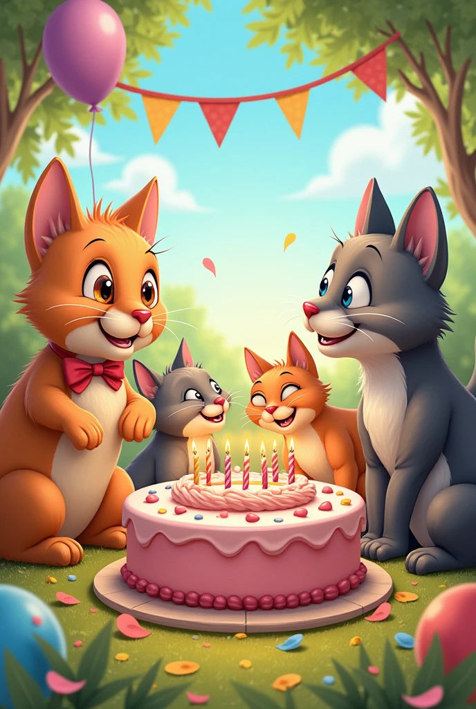 MEETING OF A KITTEN WITH MANY ANIMALS CELEBRATING A BIRTHDAY IN CARTOON