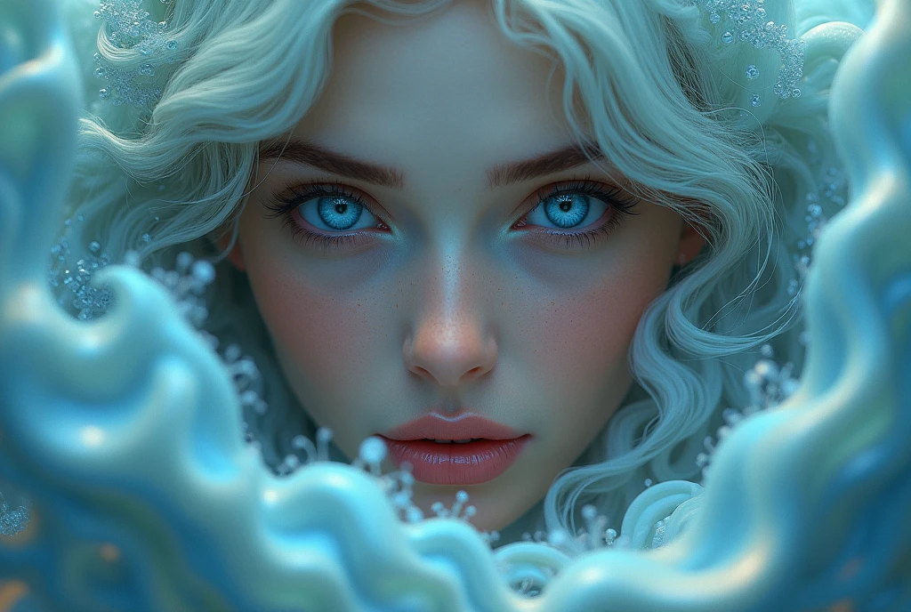 close:Blue-eyed、A woman with a radiant face, Beeple's Surrealism, Popular on Art Station, Fantasy art, hyperrealistic Fantasy art, Beautiful digital art, 8K Photorealistic Digital Art, Realistic Digital Art 4K, Realistic Digital Art 4K, Brandon Wolfell, Mysterious!!! surreal, Surrealism Digital Art