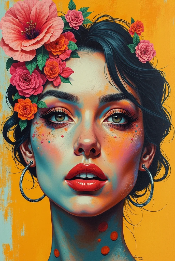 A striking contemporary artwork depicting a woman's face, intricately collaged with vibrant patterns and motifs. The woman's intense gaze captivates the viewer, and her detailed features are a testament to the artist's masterful touch. The background is a chaotic mix of textures, patterns and colors, including florals, handwritten notes and abstract shapes. The collage technique creates depth and layers, allowing the woman's face to stand out as a focal point against a visually rich background.