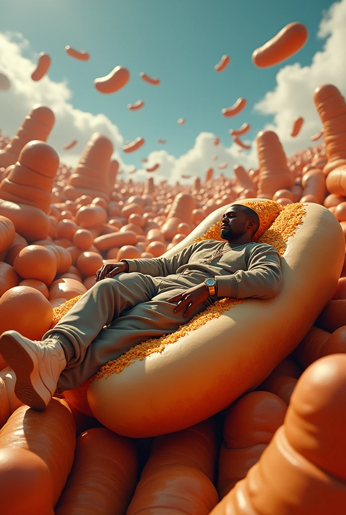 Kanye West lying on a hamburger in a world of hot dogs
